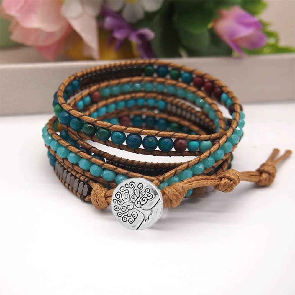 Boho Style Natural Stone Beadwork Wrap Bracelet on Brown Cord with Tree of Life Button